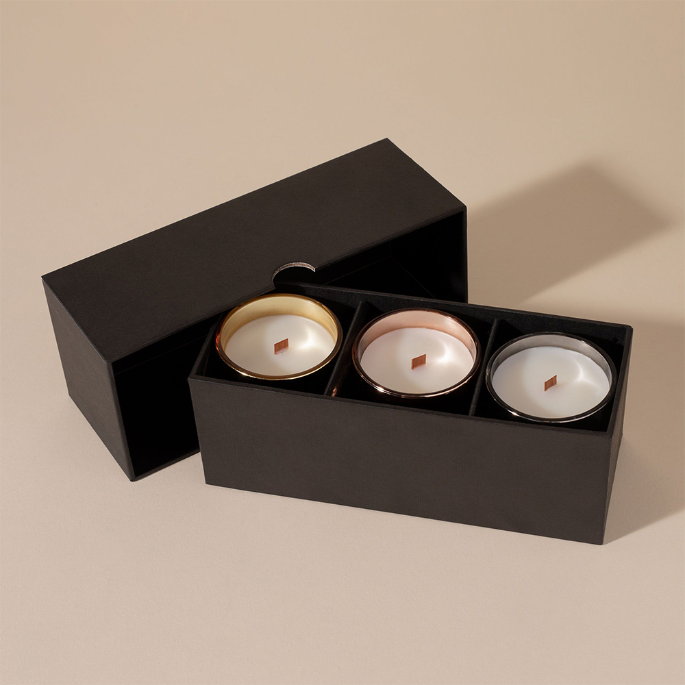 Trio Candle Box Packaging USA Branding Sits Across Three Panels, Not One